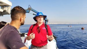 Discussing marine fish issues on a cage site in Cyprus